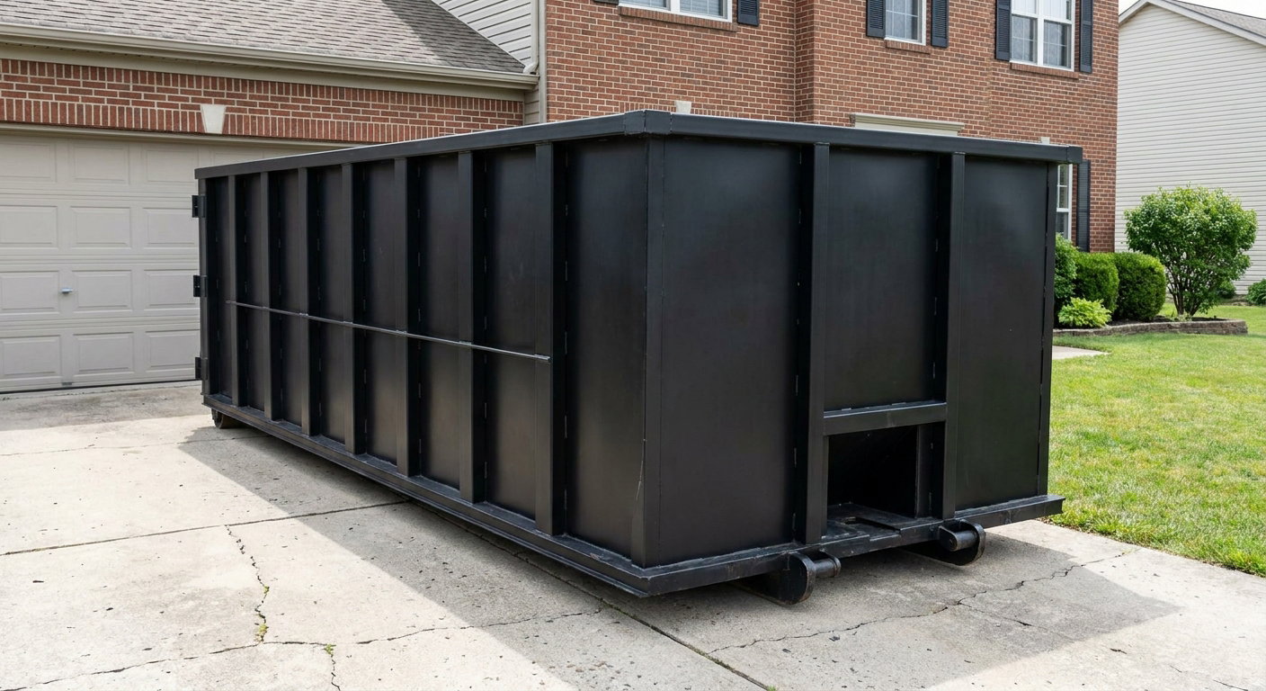 Matte-black 20-yard roll-off container on a Fishers residential concrete driveway with reinforced ribbed steel sidewalls and a hinged rear walk-in door, clean bright daylight.