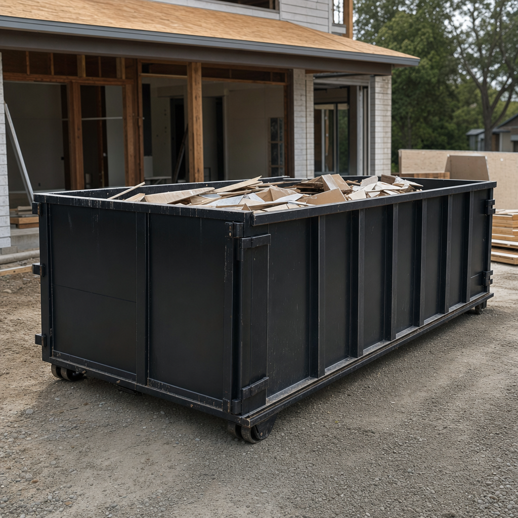 Large matte-black 30-yard construction roll-off dumpster at an active Fishers jobsite, steel-gray top rails and bottom rollers visible, loaded with construction debris.