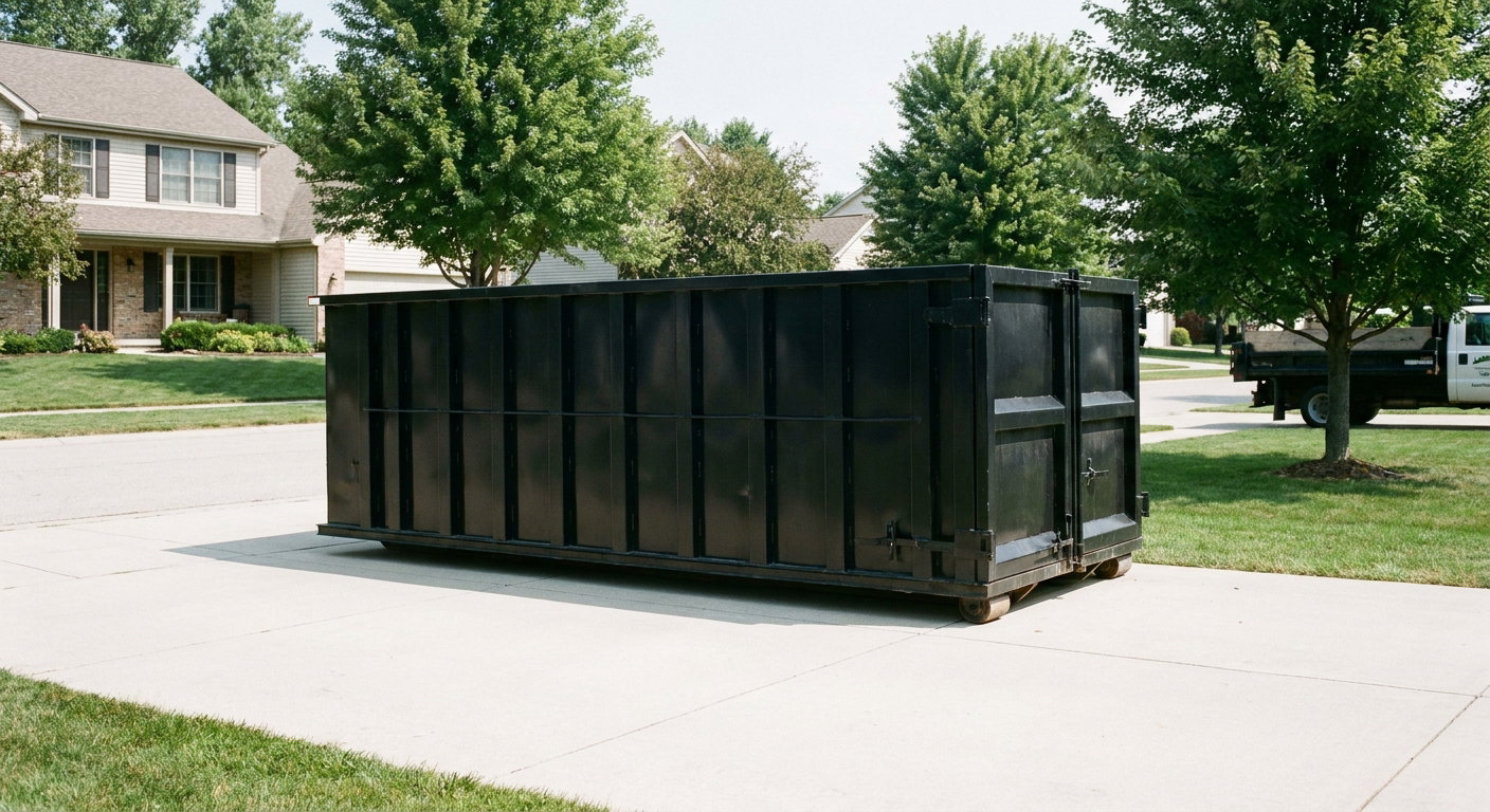Matte-black 20-yard roll-off dumpster sitting level on a clean Fishers residential concrete driveway under bright daylight, demonstrating clean placement directly on the concrete.
