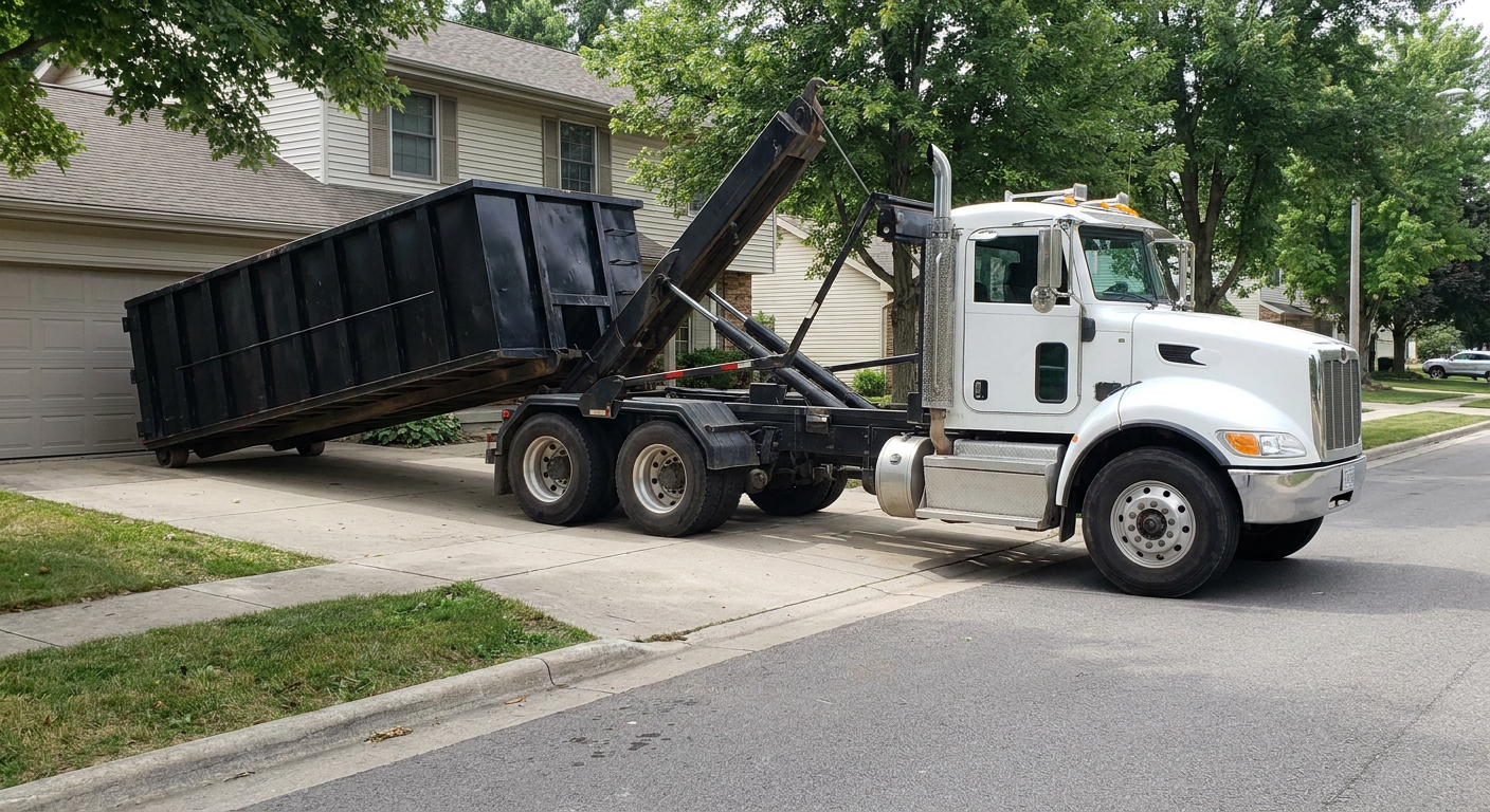 White-cab hooklift roll-off truck actively lowering a matte-black dumpster onto a Fishers residential concrete driveway, the dumpster's rear wheels touching the driveway as the hoist arm tilts the bed forward, mid-morning daylight.