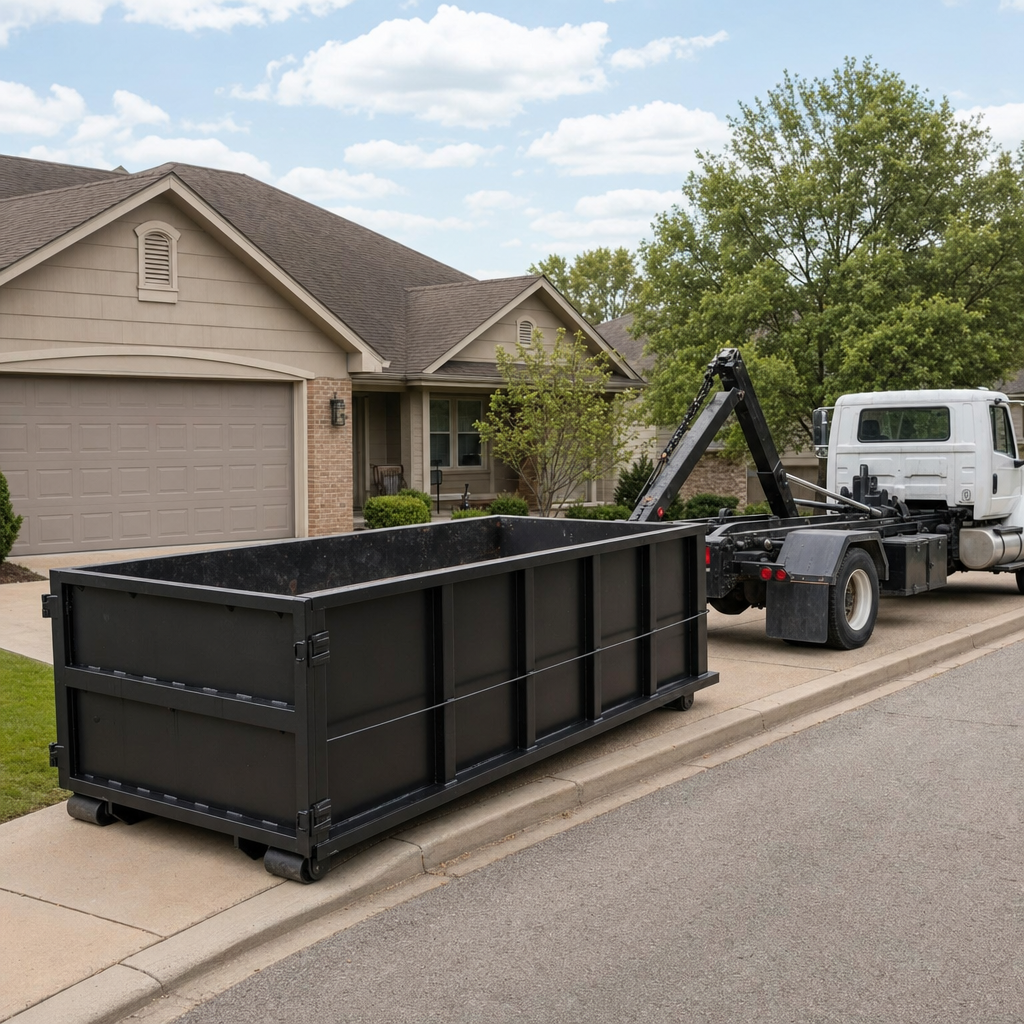 Wide documentary shot of a matte-black roll-off dumpster on a Fishers residential driveway in the foreground and a contractor jobsite container in the soft-focus background, bright daylight, calm and orderly composition.