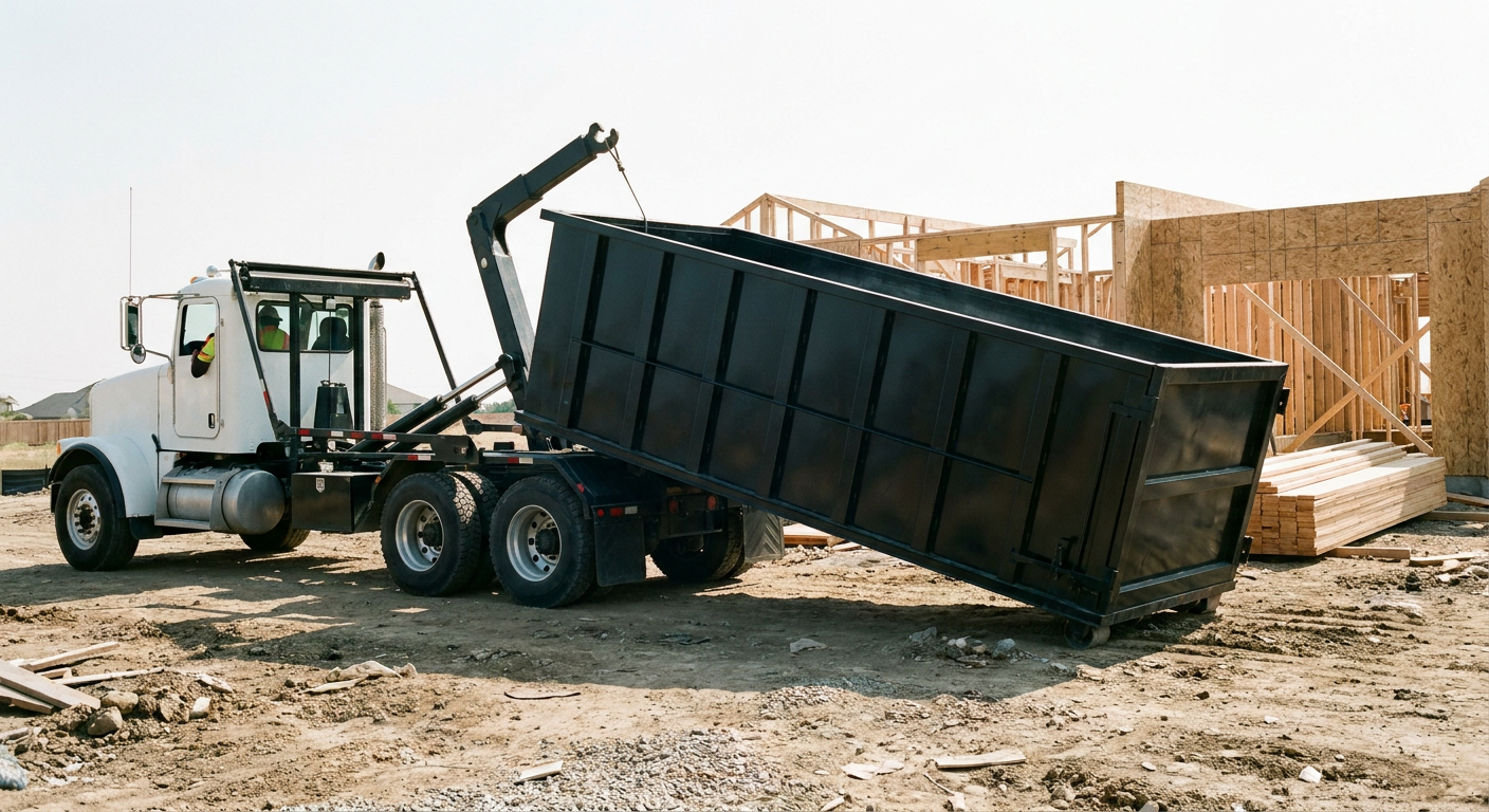 Matte-black roll-off dumpster being delivered onto a clean residential concrete driveway in Fishers by an unmarked white hooklift hauler truck, bright morning daylight, documentary 35mm perspective.